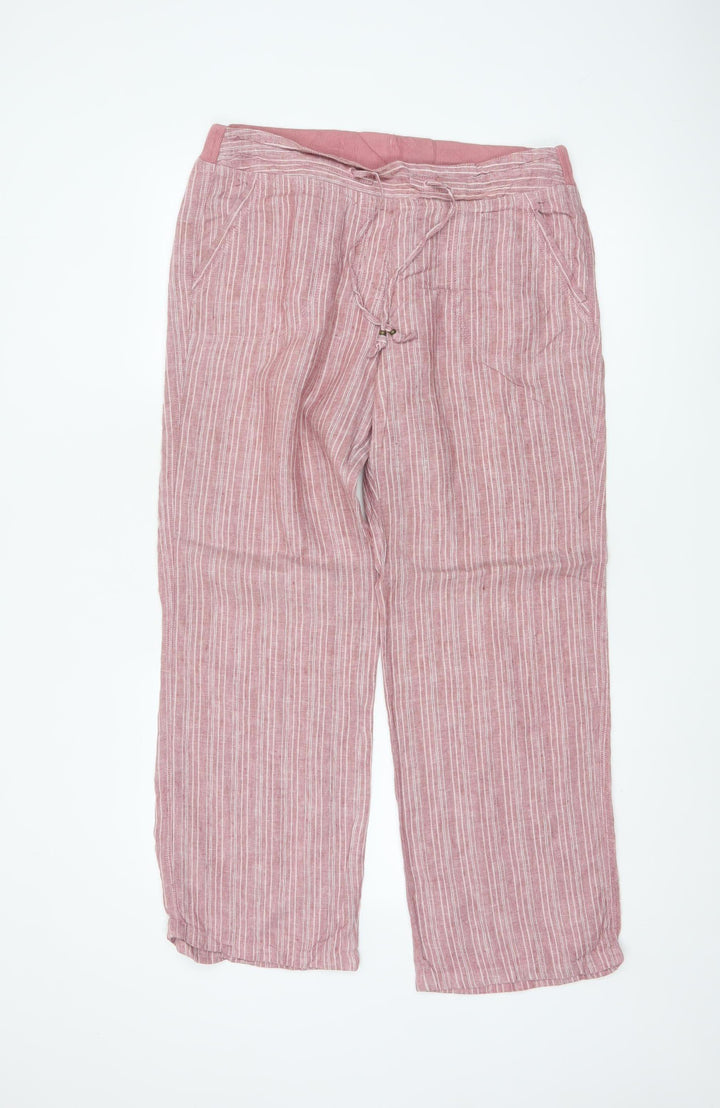 Marks and Spencer Women Pink Striped Linen Wide-Leg Trousers Size 12