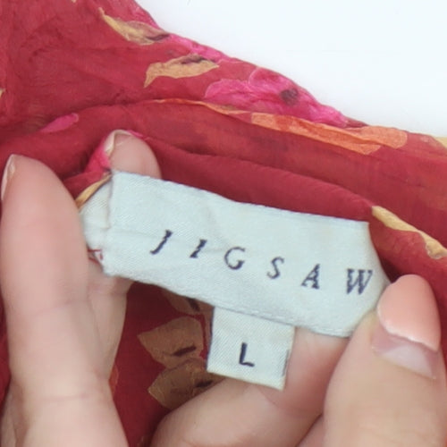 Jigsaw Women Red Floral Silk Long Sleeve Tunic Blouse Size L