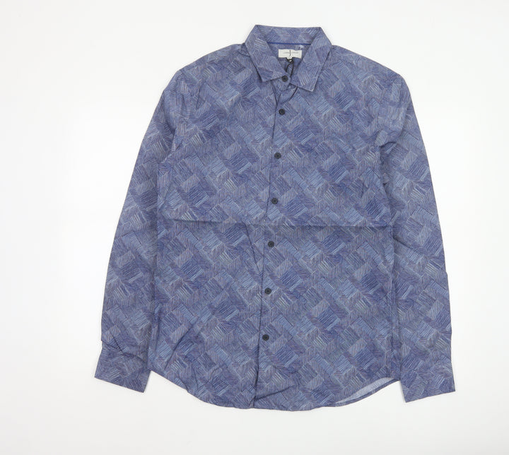 Jasper Conran Men's Blue Geometric Cotton Long Sleeve Shirt M