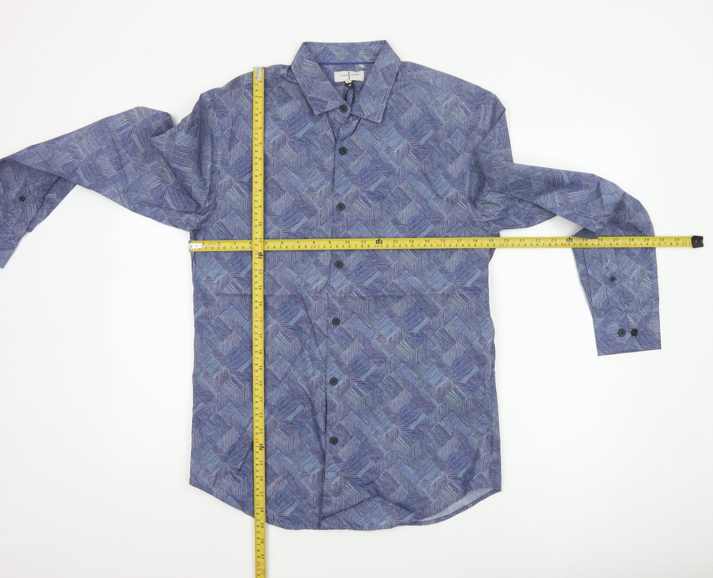 Jasper Conran Men's Blue Geometric Cotton Long Sleeve Shirt M