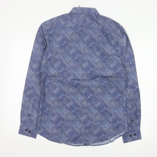 Jasper Conran Men's Blue Geometric Cotton Long Sleeve Shirt M