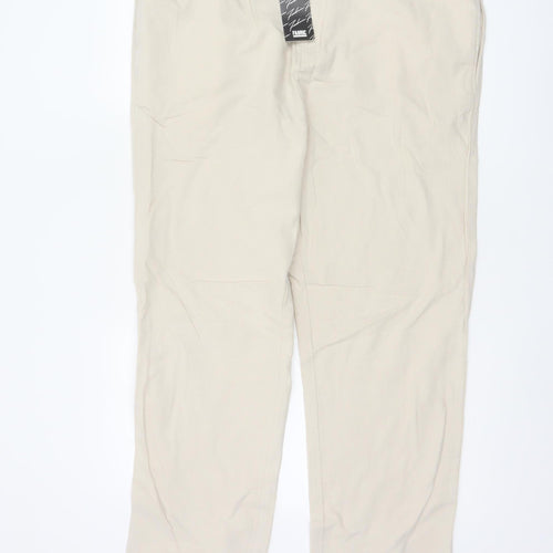 Fabric Beige Cotton Linen Men's L Casual Elastic Waist Trousers