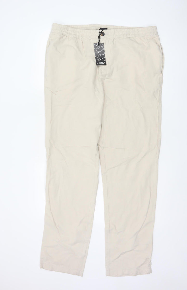 Fabric Beige Cotton Linen Men's L Casual Elastic Waist Trousers