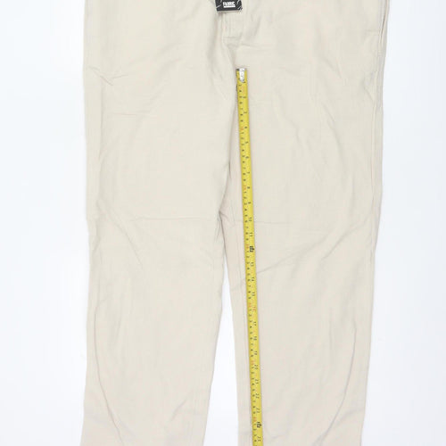 Fabric Beige Cotton Linen Men's L Casual Elastic Waist Trousers