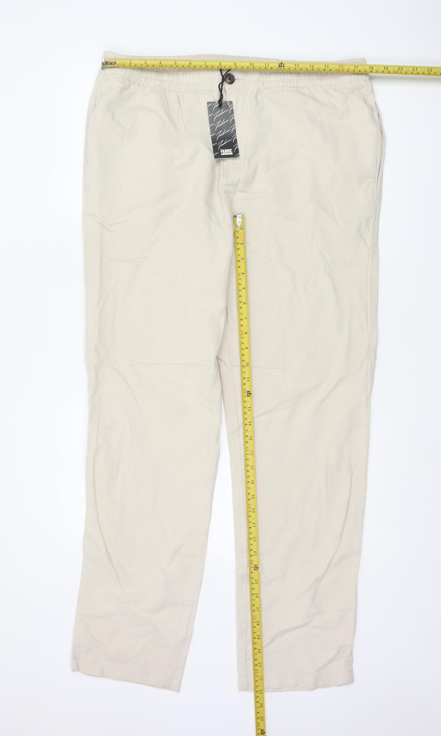 Fabric Beige Cotton Linen Men's L Casual Elastic Waist Trousers