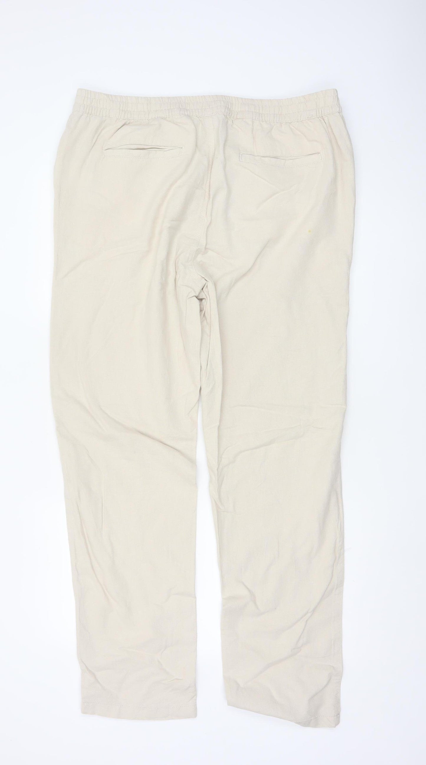 Fabric Beige Cotton Linen Men's L Casual Elastic Waist Trousers