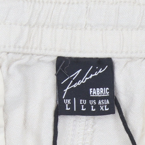 Fabric Beige Cotton Linen Men's L Casual Elastic Waist Trousers