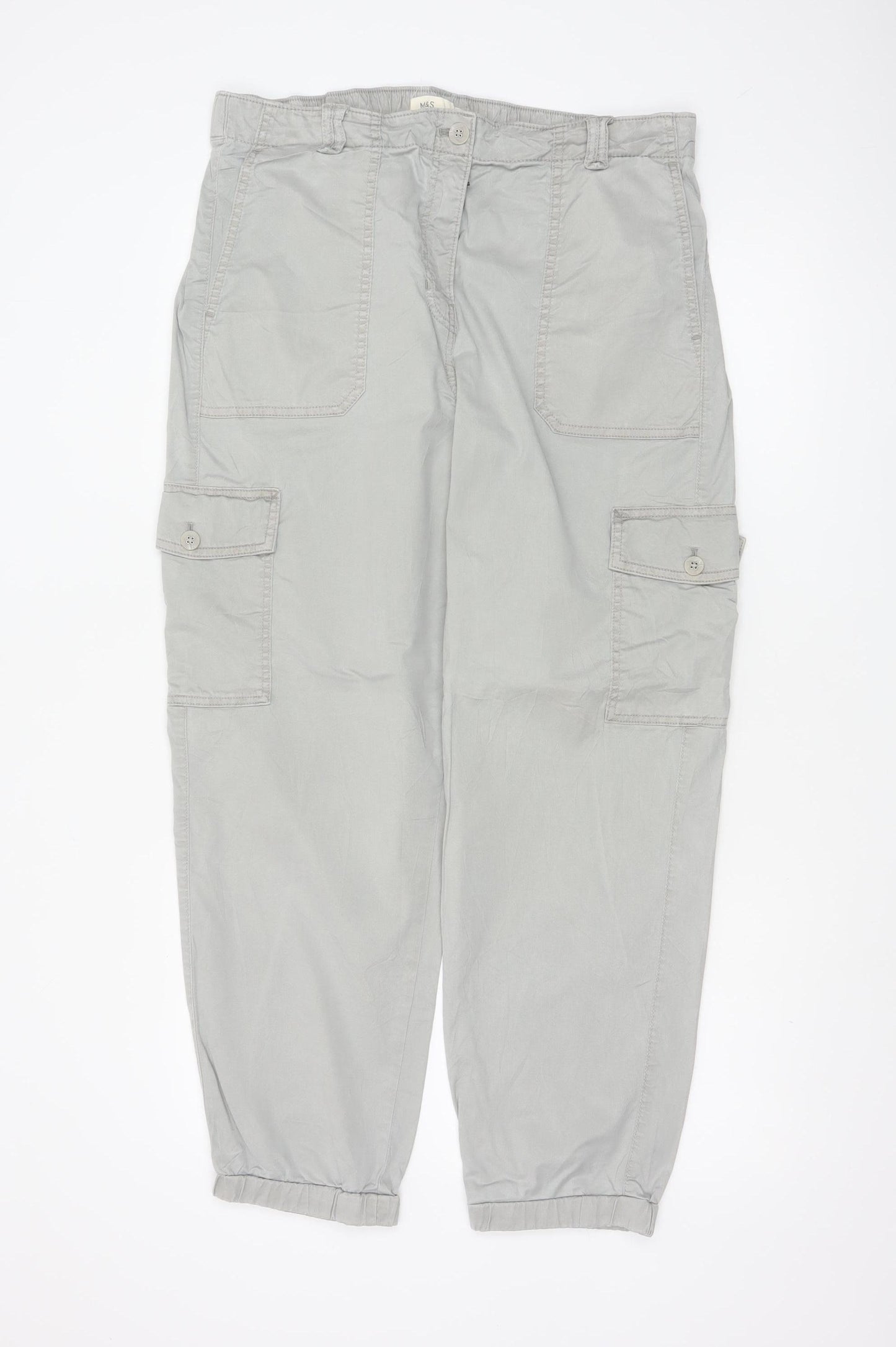 Marks and Spencer Women Light Grey Cargo Trousers Size 16 Regular Cotton Blend