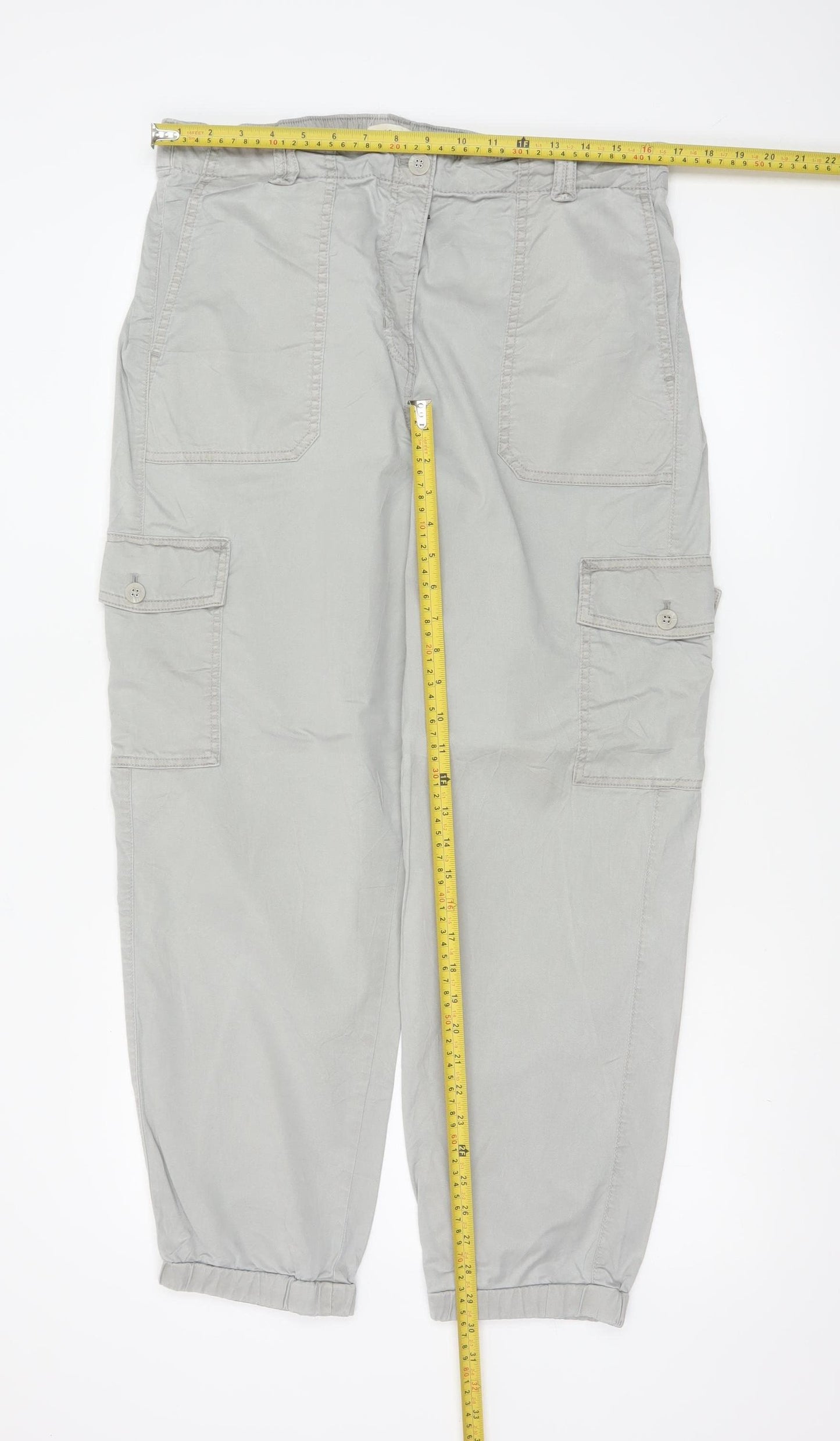 Marks and Spencer Women Light Grey Cargo Trousers Size 16 Regular Cotton Blend
