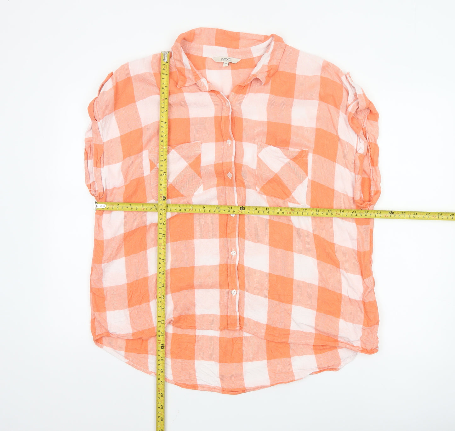 Next Women Orange Check Button-Up Blouse Size 20 Viscose