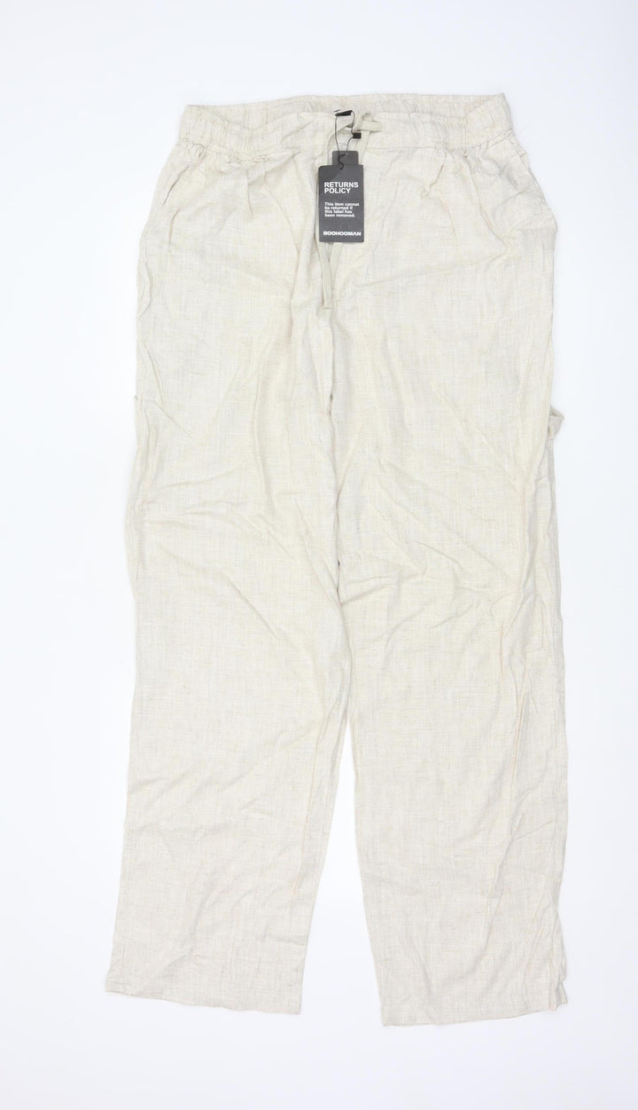 boohooMAN Men's Beige Linen Blend Casual Trousers Size L