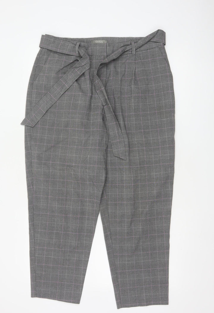 Oasis Womens Grey Check Belted Tapered Trousers Size 14