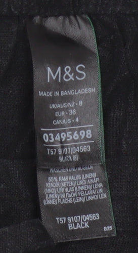 Marks and Spencer Women’s Black Linen Blend Cropped Wide-Leg Trousers Size 8