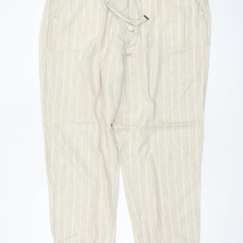 Marks and Spencer Womens Beige Striped Linen Blend Tapered Trousers Size 18