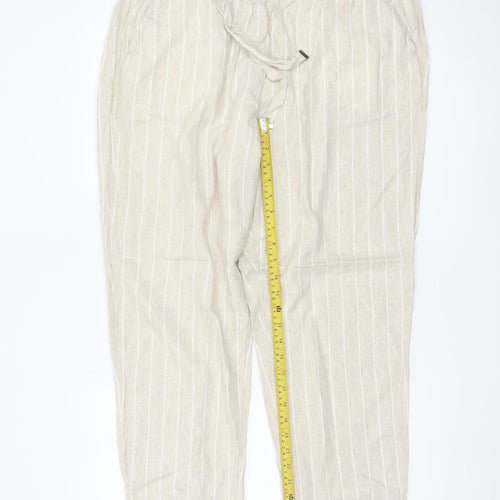 Marks and Spencer Womens Beige Striped Linen Blend Tapered Trousers Size 18