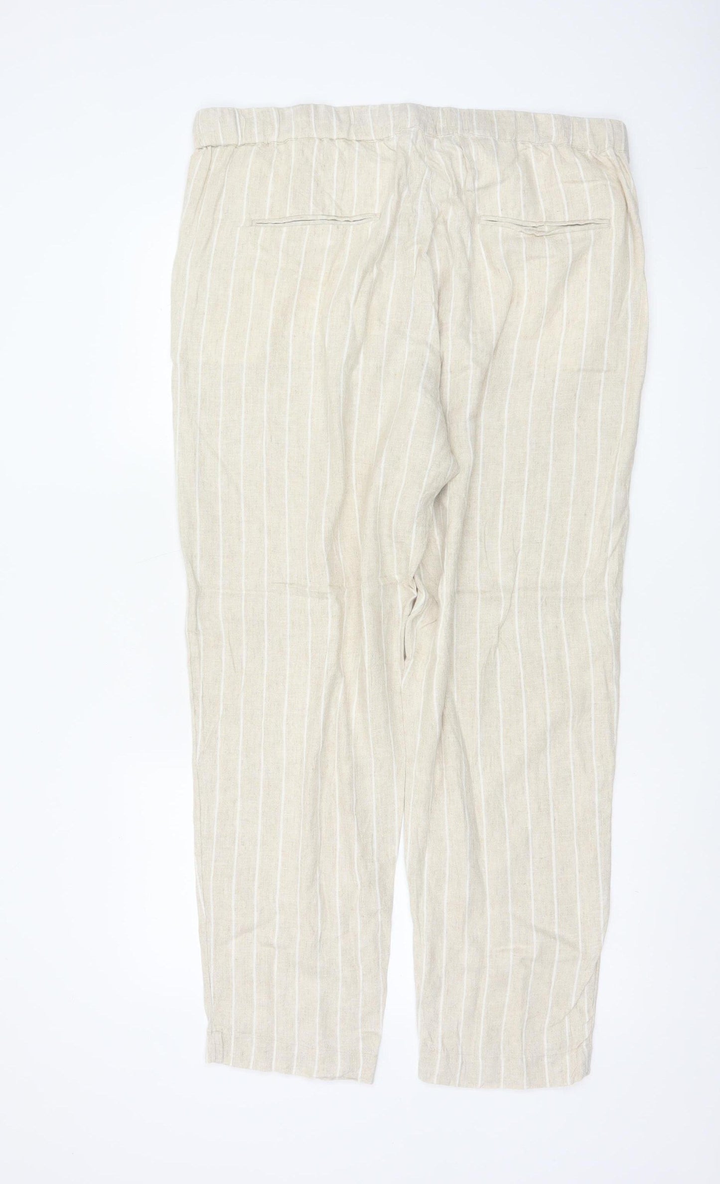 Marks and Spencer Womens Beige Striped Linen Blend Tapered Trousers Size 18