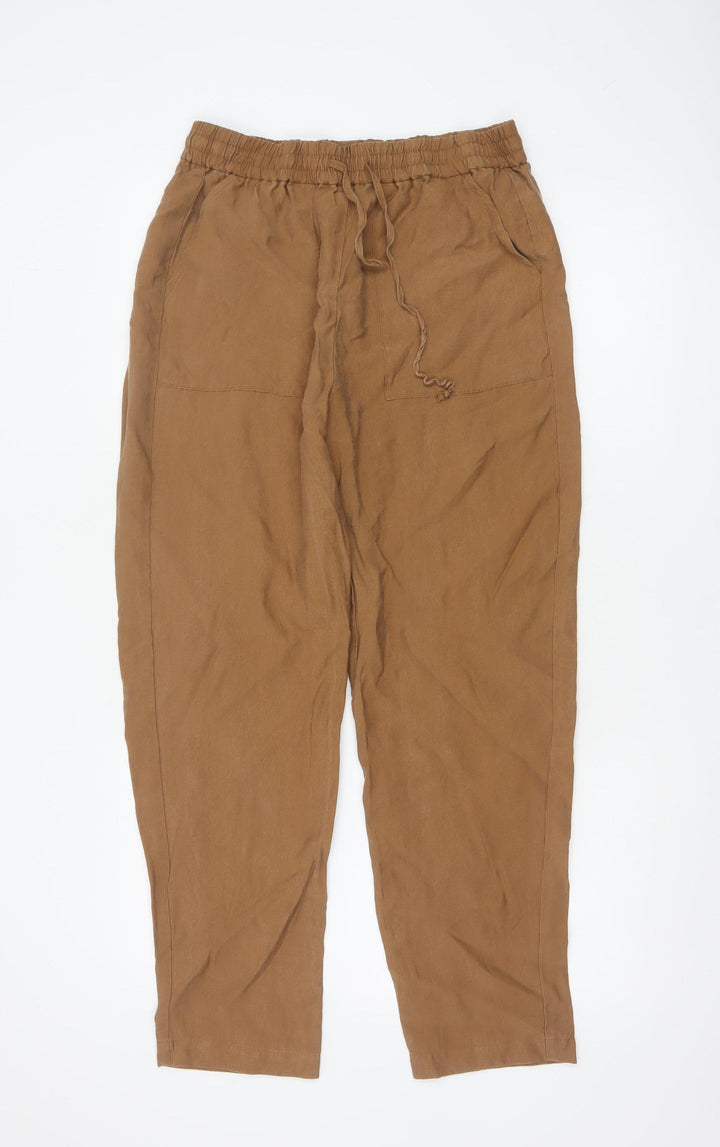 Marks and Spencer Women Brown Linen Blend Drawstring Trousers Size 12 Regular