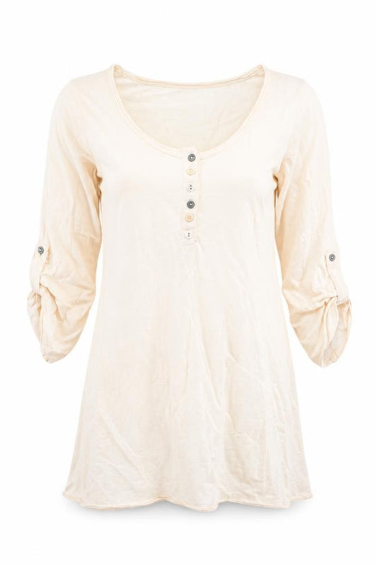 Front view of AKOZ Women's Beige Cotton 3/4 Sleeve Button Tunic Top S