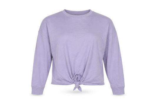 Front view of Marks & Spencer women’s purple cropped long sleeve t-shirt, size UK 10