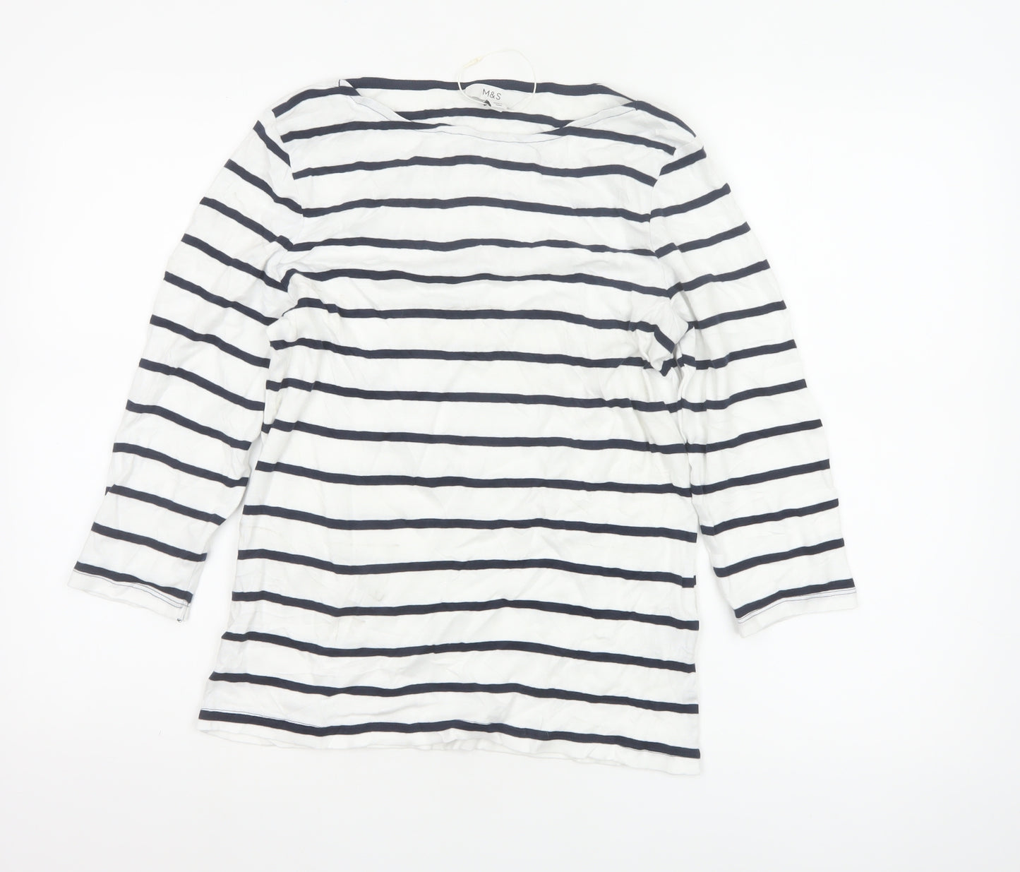 Marks and Spencer Women's White Striped 3/4 Sleeve Cotton T-Shirt Size 14