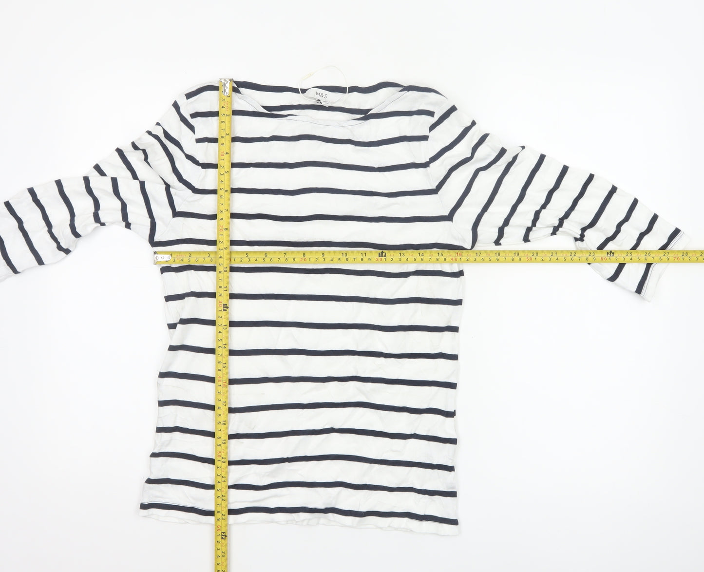 Marks and Spencer Women's White Striped 3/4 Sleeve Cotton T-Shirt Size 14