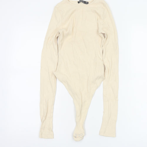 Boohoo Women Beige Long Sleeve Ribbed Bodysuit UK 6
