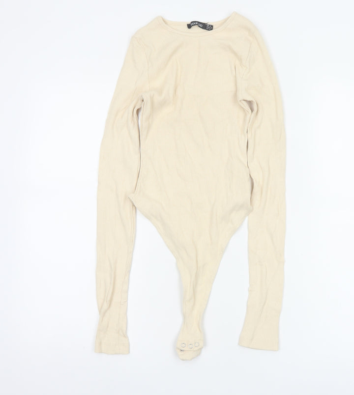 Boohoo Women Beige Long Sleeve Ribbed Bodysuit UK 6