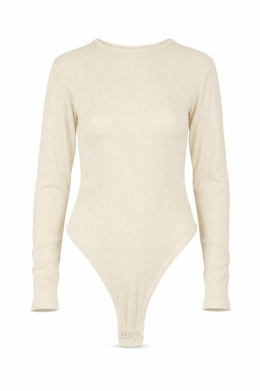 Boohoo Women Beige Long Sleeve Ribbed Bodysuit UK 6