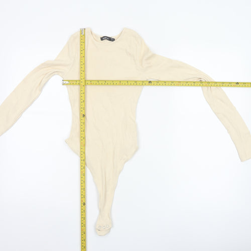 Boohoo Women Beige Long Sleeve Ribbed Bodysuit UK 6