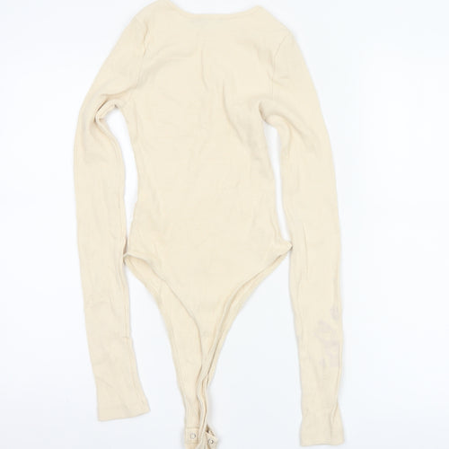 Boohoo Women Beige Long Sleeve Ribbed Bodysuit UK 6