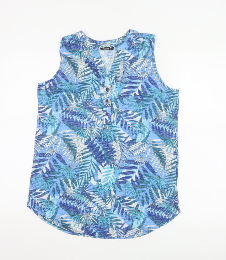 Roman Women’s Blue Tropical Sleeveless V-Neck Tunic Blouse Size 12
