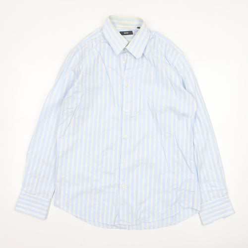 Hugo Boss Men's Blue White Striped Cotton Long Sleeve Shirt 16.5in 42