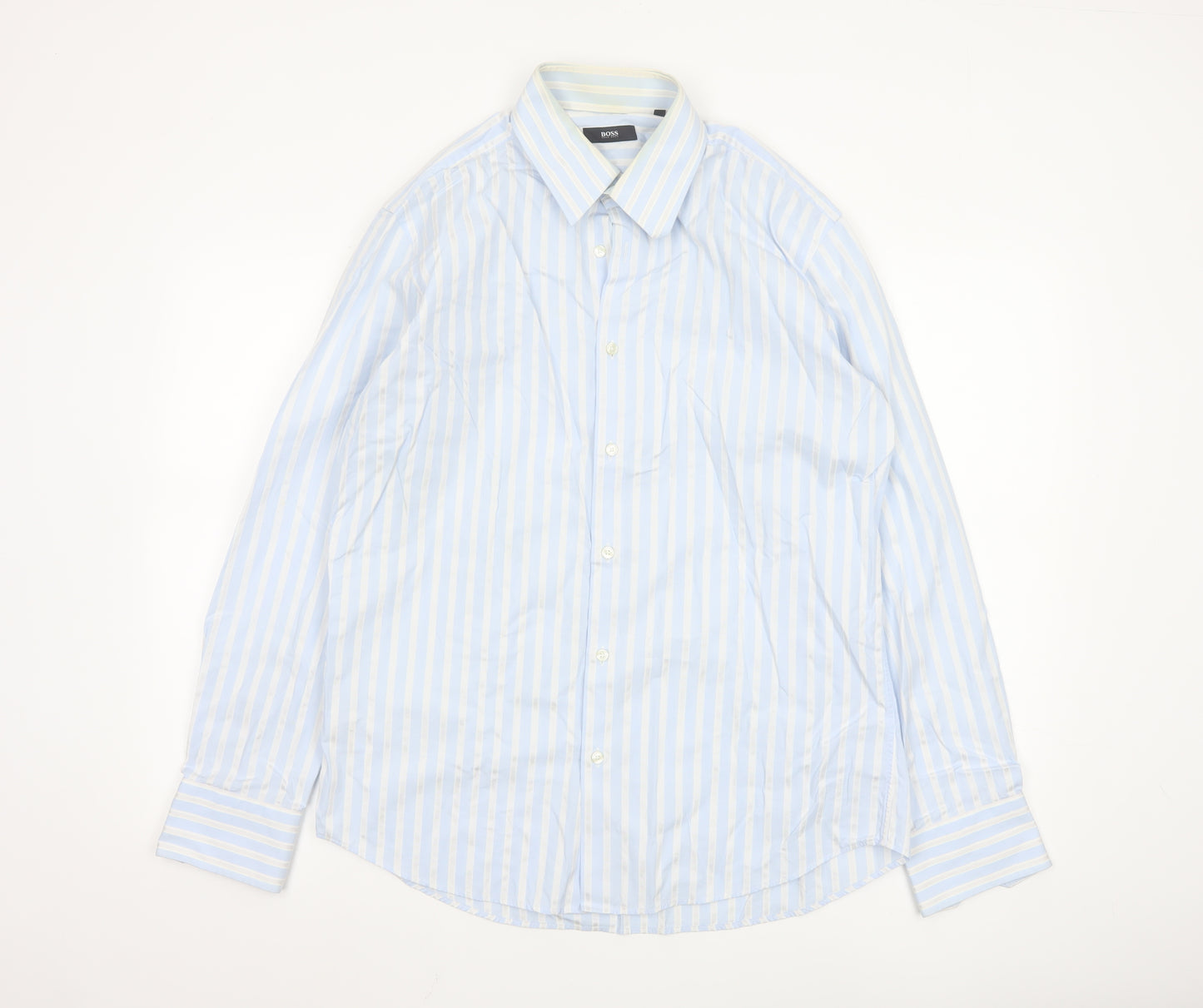 Hugo Boss Men's Blue White Striped Cotton Long Sleeve Shirt 16.5in 42
