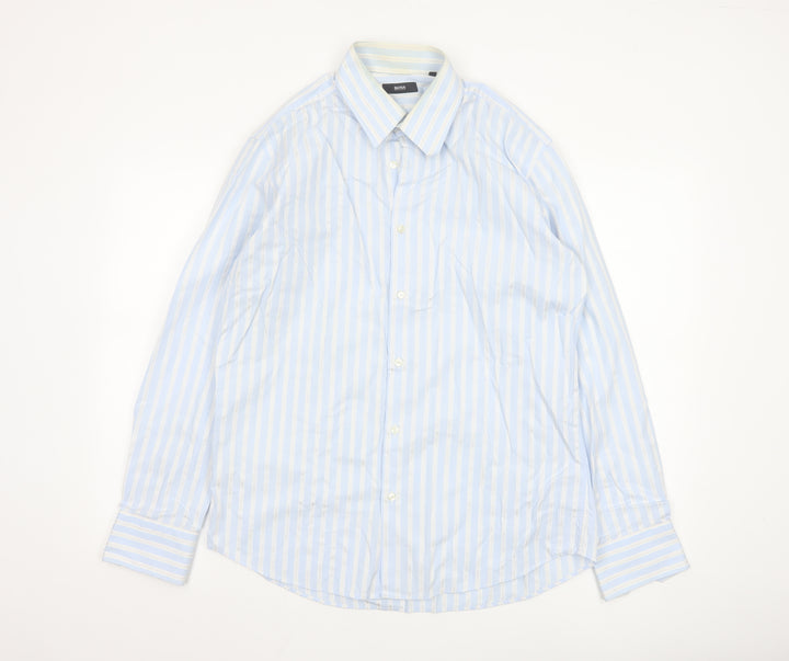 Hugo Boss Men's Blue White Striped Cotton Long Sleeve Shirt 16.5in 42