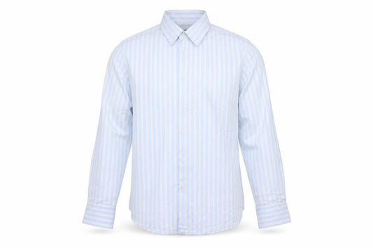 Front view of Hugo Boss Men's Blue White Striped Cotton Long Sleeve Shirt 16.5in 42