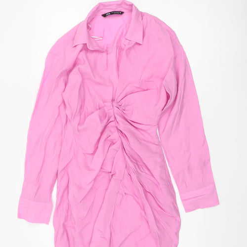 Zara Women’s Pink Ruched Collared Long Sleeve Shirt Dress Size 12