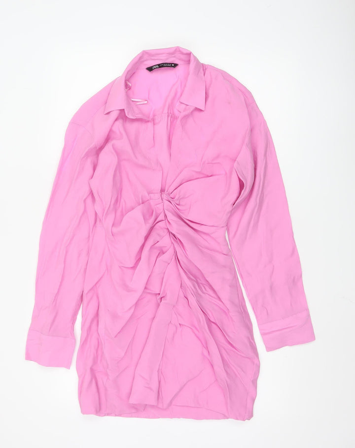Zara Women’s Pink Ruched Collared Long Sleeve Shirt Dress Size 12