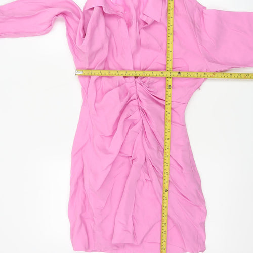 Zara Women’s Pink Ruched Collared Long Sleeve Shirt Dress Size 12