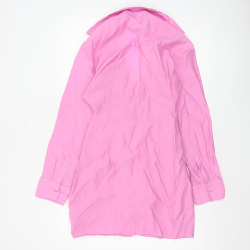 Zara Women’s Pink Ruched Collared Long Sleeve Shirt Dress Size 12