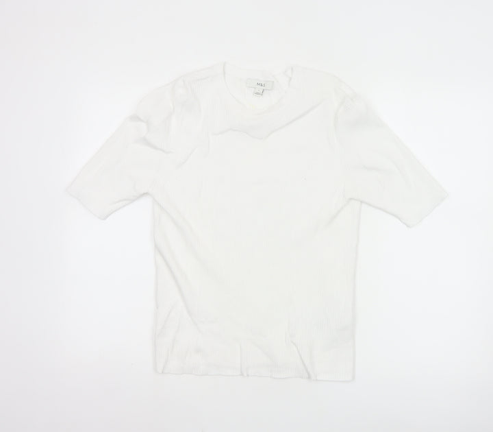 Marks and Spencer Women White L Ribbed Short Sleeve Basic Top