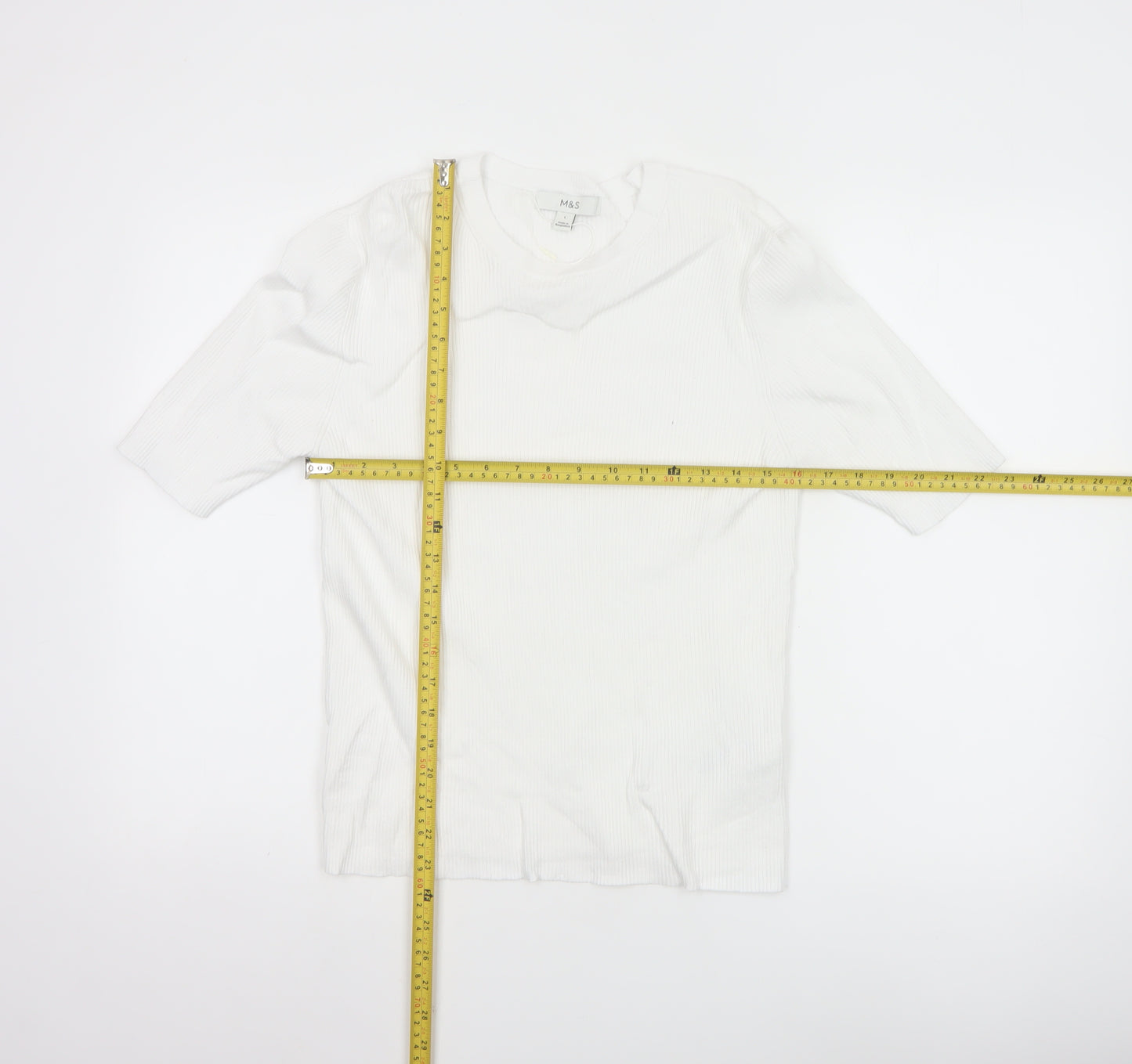 Marks and Spencer Women White L Ribbed Short Sleeve Basic Top