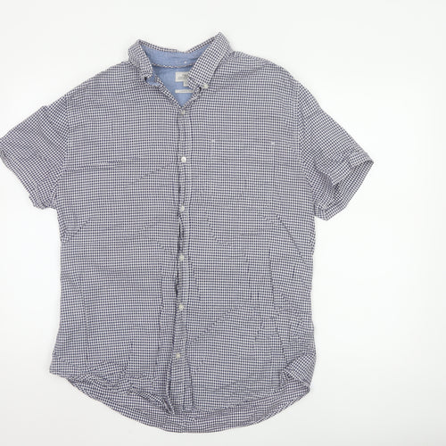 Next Men's Blue Check Short Sleeve Button-Down Cotton Shirt L