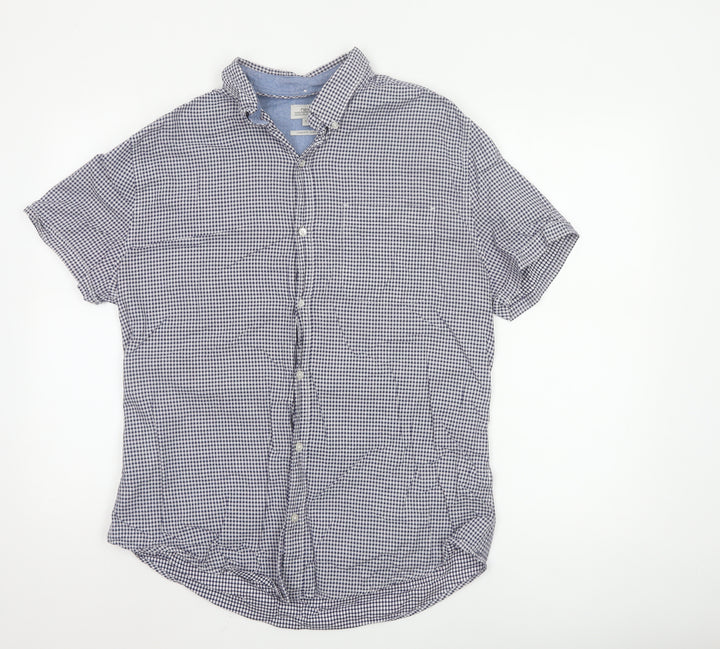 Next Men's Blue Check Short Sleeve Button-Down Cotton Shirt L