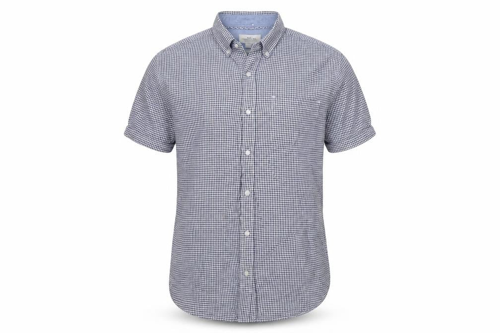 Front view of Next Men's Blue Check Short Sleeve Button-Down Cotton Shirt L