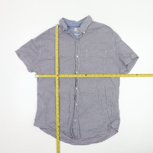 Next Men's Blue Check Short Sleeve Button-Down Cotton Shirt L