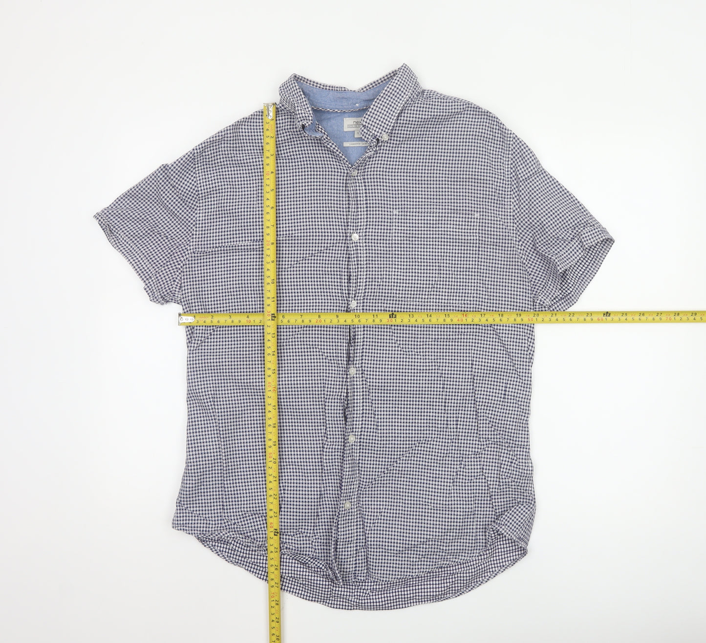 Next Men's Blue Check Short Sleeve Button-Down Cotton Shirt L