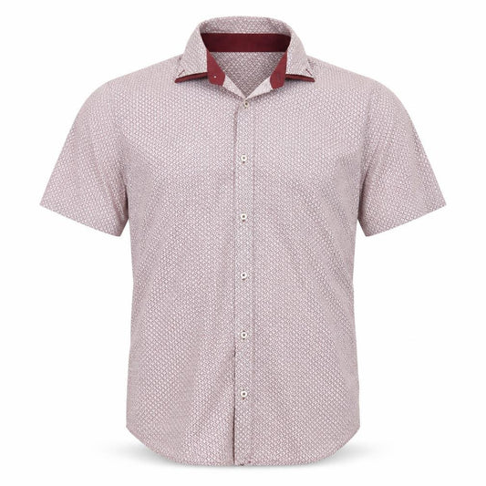 Front view of Next Men’s Red Geometric Short Sleeve Cotton Button-Up Shirt, size M