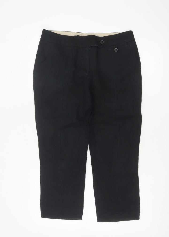Next Women Black Linen Cotton Cropped Trousers Size 12 Regular