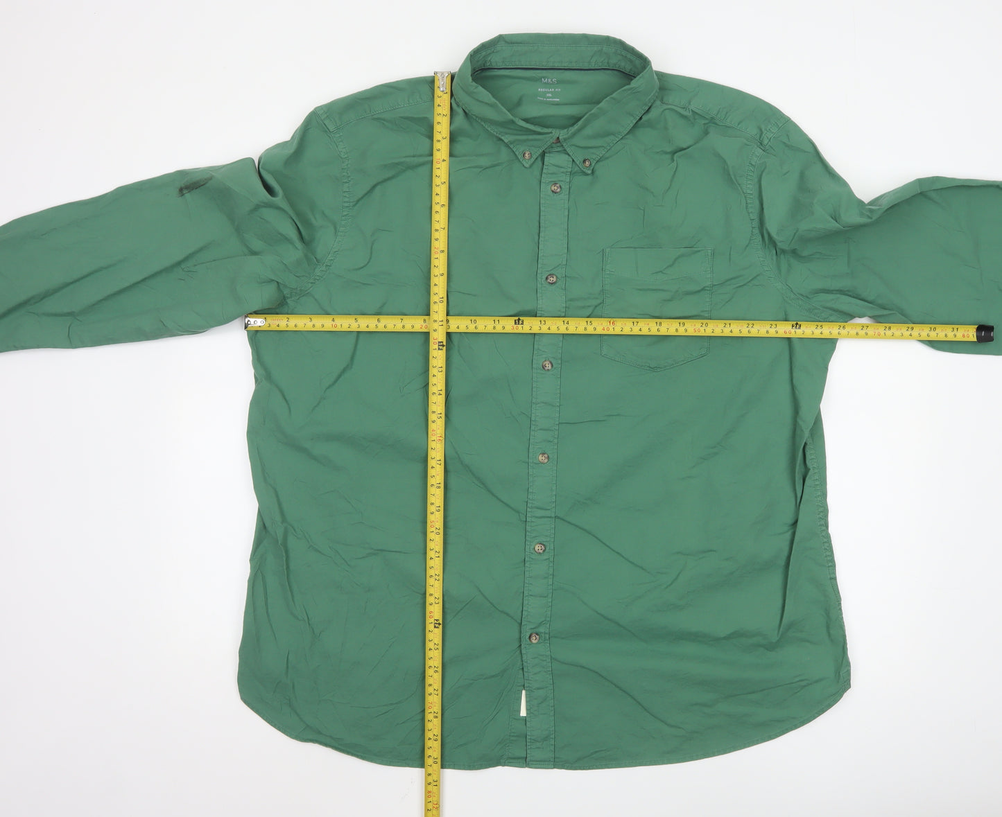 Marks and Spencer Men's Green Regular Fit 3XL Cotton Button-Up Shirt