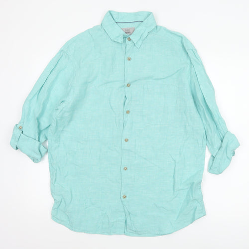 Marks and Spencer Men's Green Linen Regular Fit Long Sleeve Shirt M